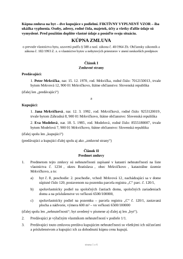 Prvá strana fiktívneho vzoru: Kúpna zmluva na byt – dve kupujúce s podielmi