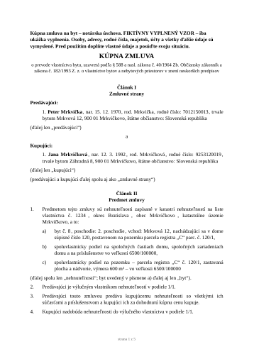 Prvá strana fiktívneho vzoru: Kúpna zmluva na byt – notárska úschova
