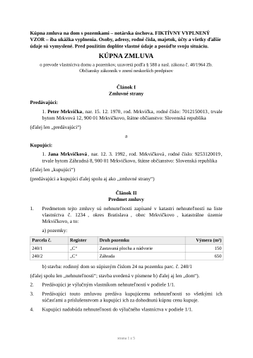 Prvá strana fiktívneho vzoru: Kúpna zmluva na dom s pozemkami – notárska úschova
