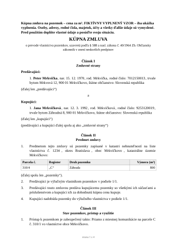 Prvá strana fiktívneho vzoru: Kúpna zmluva na pozemok – cena za m²