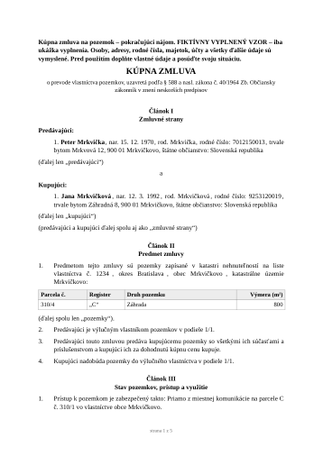 Prvá strana fiktívneho vzoru: Kúpna zmluva na pozemok – pokračujúci nájom